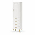 Buffet haut de rangement rectangulaire 1 porte 4 tiroirs en panneaux MDF blanc et acier doré 50 x 40 x 180 cm