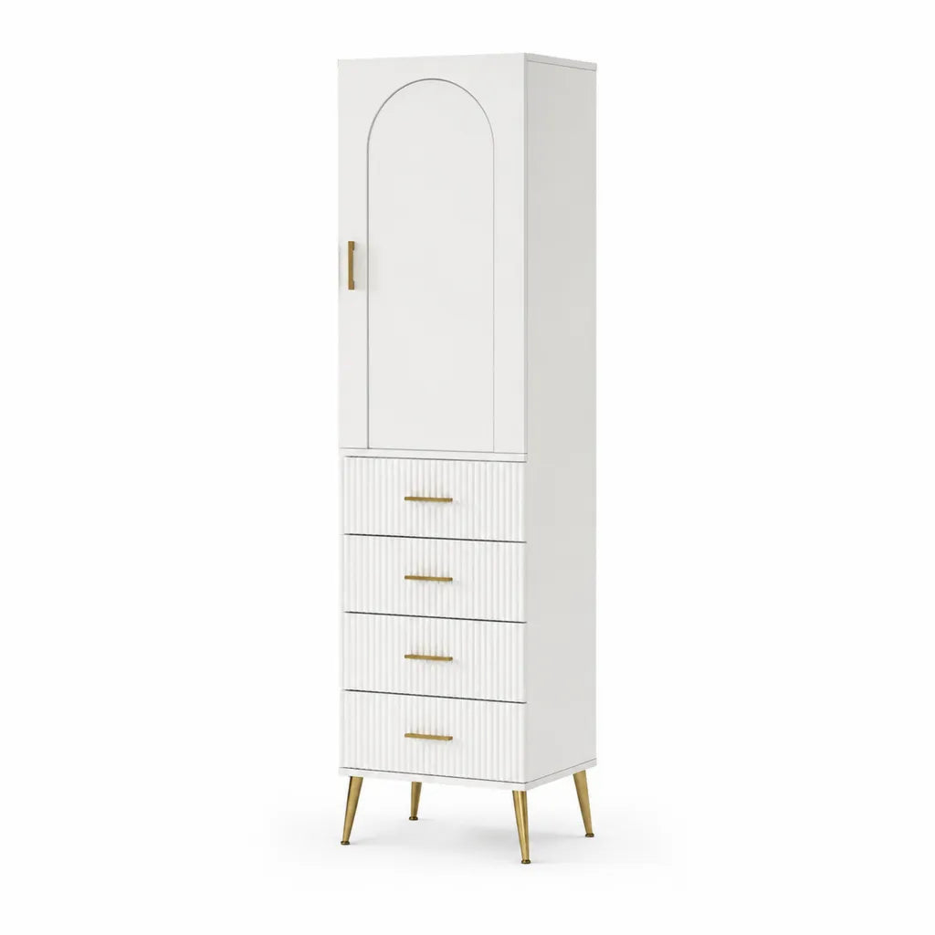 Buffet haut de rangement rectangulaire 1 porte 4 tiroirs en panneaux MDF blanc et acier doré 50 x 40 x 180 cm