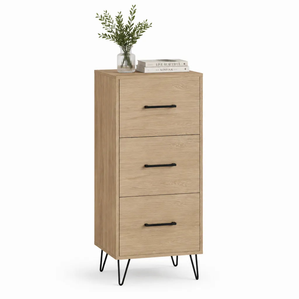 Buffet haut à 3 tiroirs en MDF mélaminé décor chêne clair 60 x 40 x 120 cm