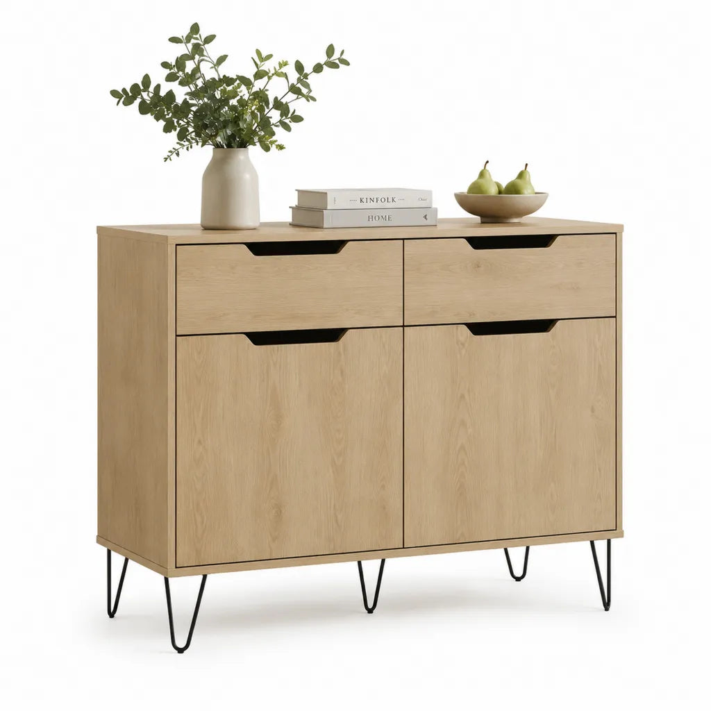 Buffet de rangement 2 portes 2 tiroirs en panneaux de particules décor chêne 120 x 40 x 95 cm naturel