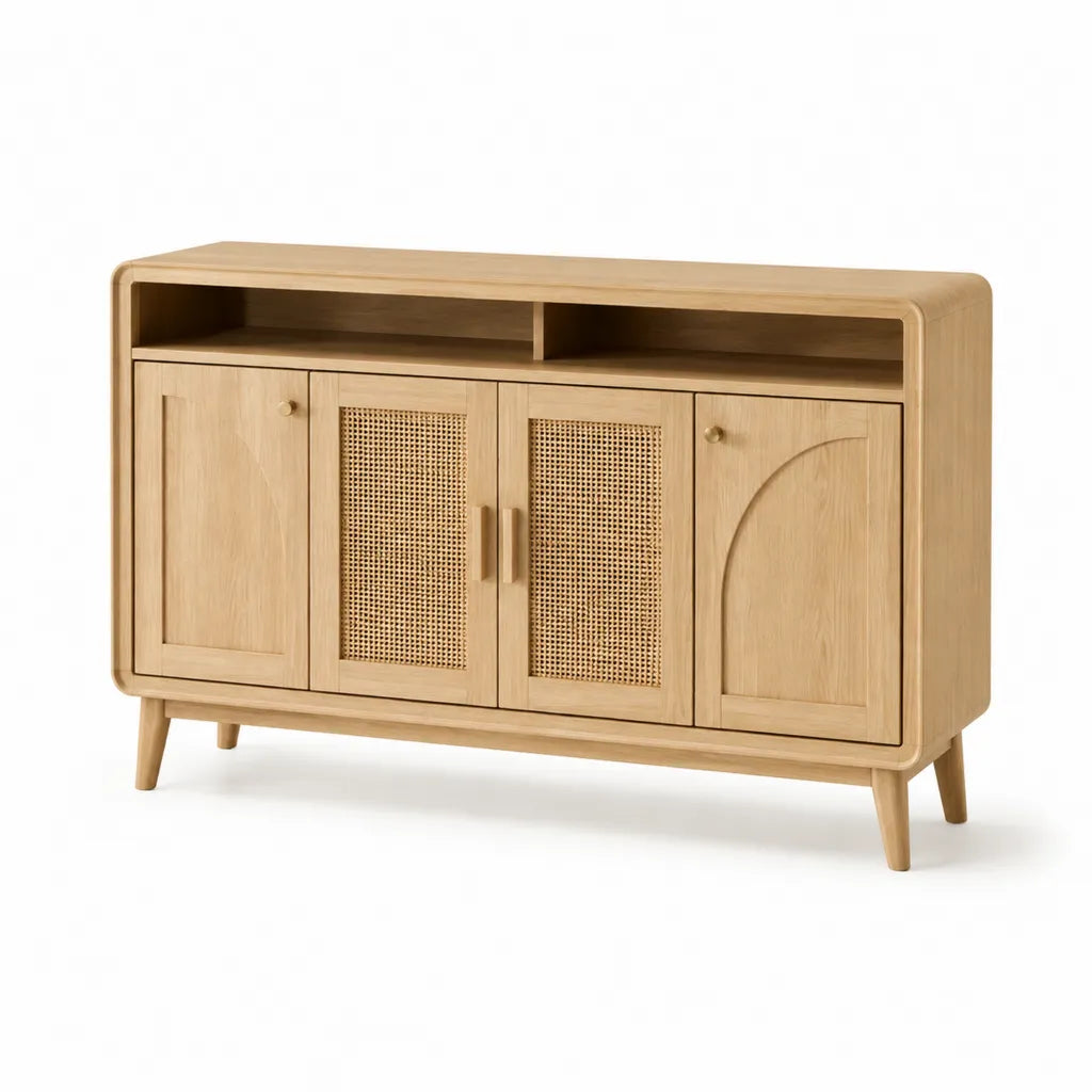 Console de rangement 4 portes en MDF plaqué chêne avec cannage en rotin 120 x 40 x 85 cm naturel