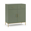 Buffet 2 portes 2 tiroirs rectangulaire 100 x 40 x 120 cm en MDF vert kaki pieds acier doré