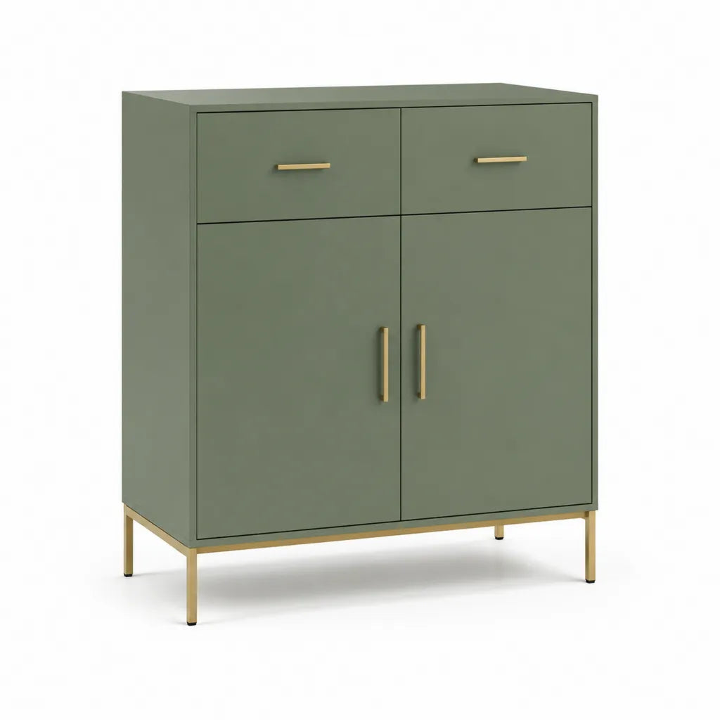 Buffet 2 portes 2 tiroirs rectangulaire 100 x 40 x 120 cm en MDF vert kaki pieds acier doré