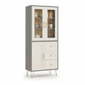 Buffet vaisselier haut rectangulaire 80 x 40 x 180 cm en MDF blanc et gris avec portes vitrées et tiroirs