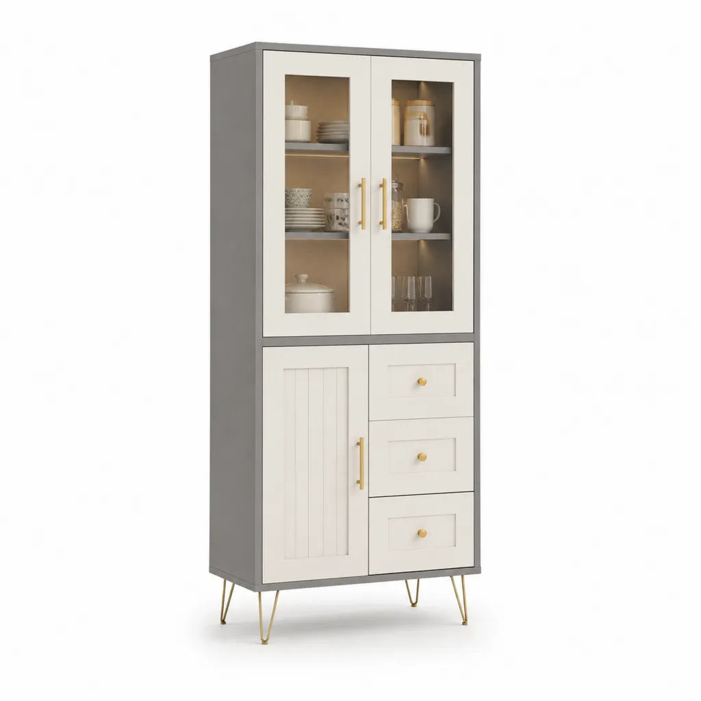 Buffet vaisselier haut rectangulaire 80 x 40 x 180 cm en MDF blanc et gris avec portes vitrées et tiroirs