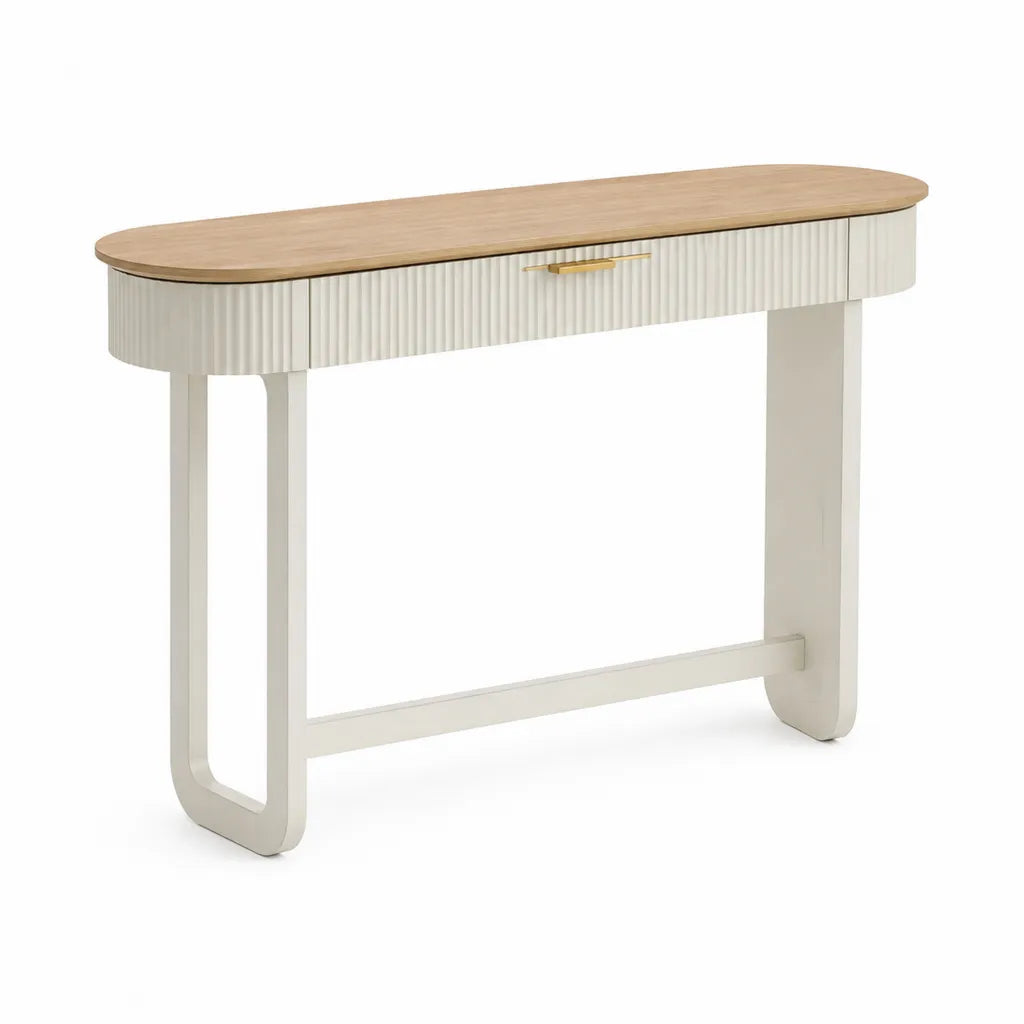 Console d'entrée ovale 120 x 35 x 78 cm en MDF plaqué chêne blanc et naturel avec tiroir