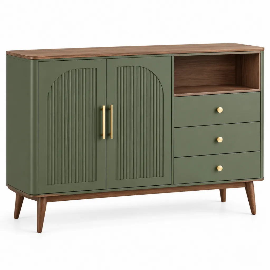 Buffet rectangulaire de salle à manger 120 x 40 x 85 cm en MDF vert olive et décor noyer avec 2 portes 3 tiroirs et niche ouverte