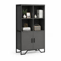 Buffet haut 80 x 40 x 160 cm en panneaux de particules et acier noir avec 2 portes et 4 niches ouvertes