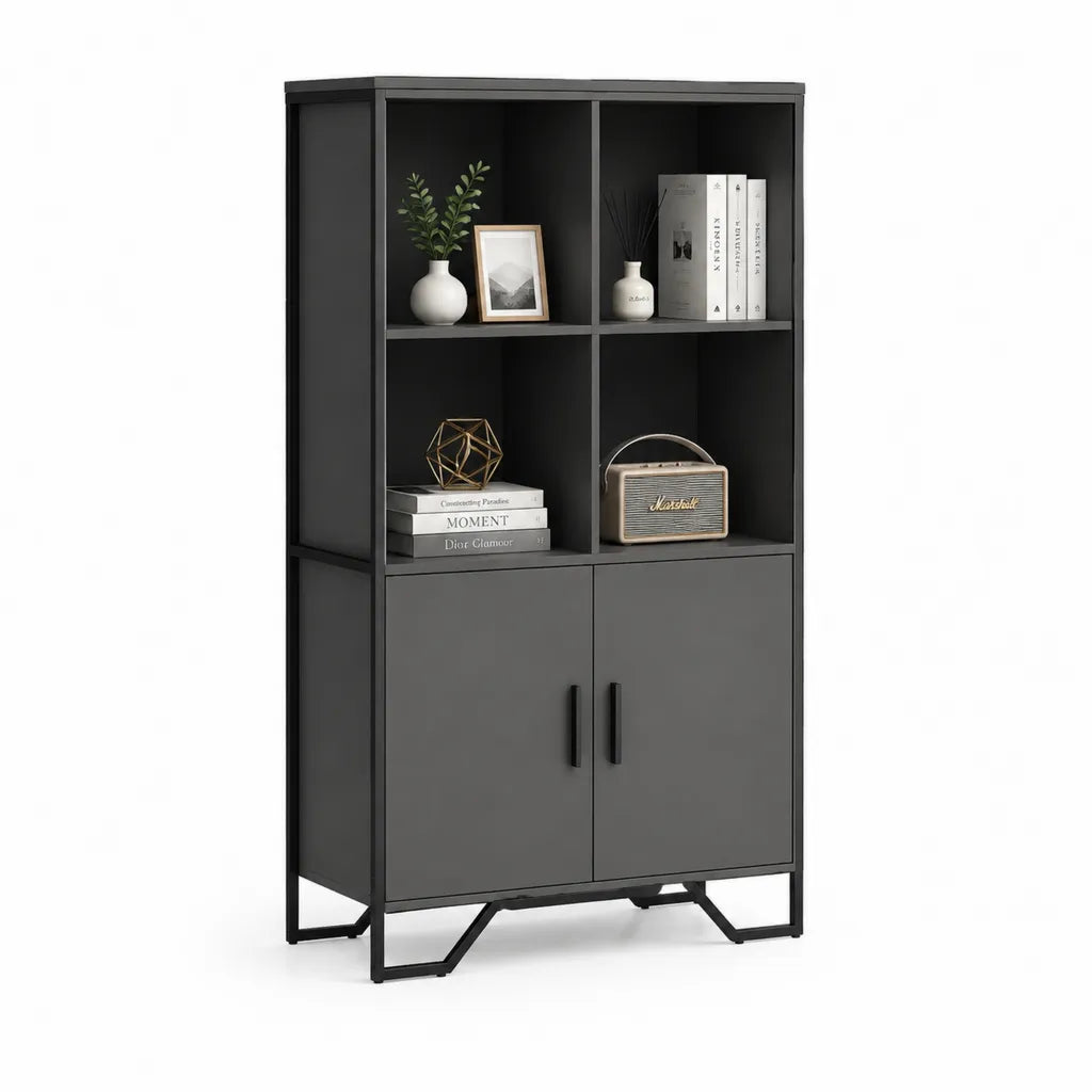 Buffet haut 80 x 40 x 160 cm en panneaux de particules et acier noir avec 2 portes et 4 niches ouvertes