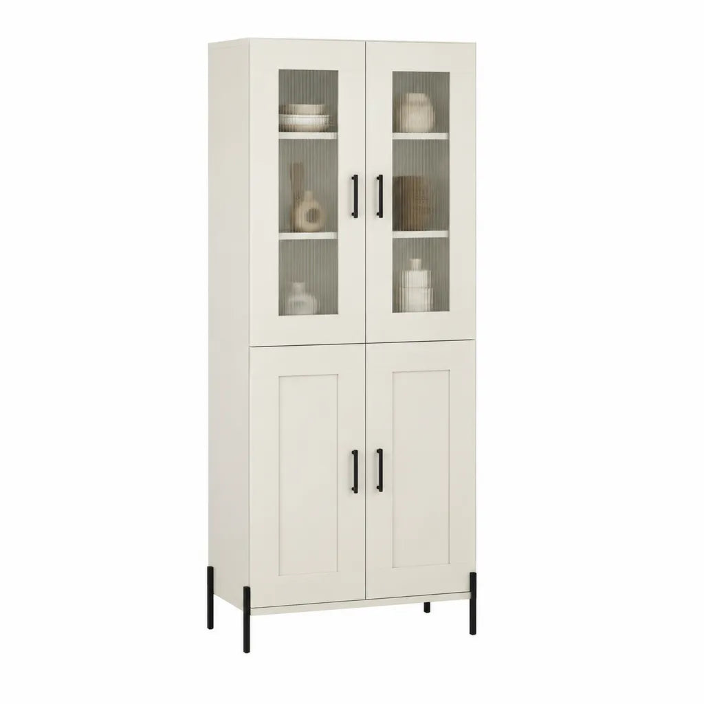 Vaisselier vitré 4 portes en panneaux MDF et verre nervuré rectangulaire blanc 80 x 40 x 180 cm