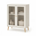 Buffet vitrine 2 portes 80 x 40 x 120 cm en panneaux de particules blanc et verre strié