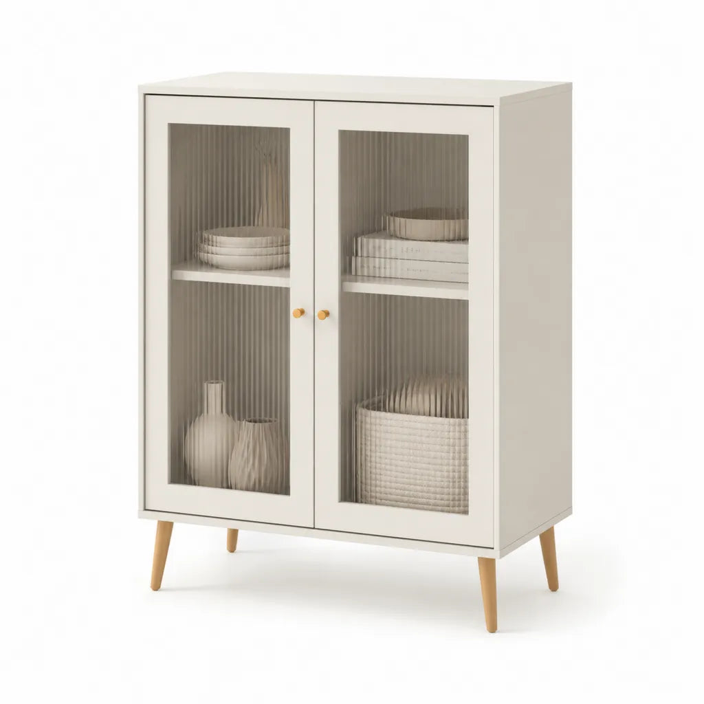 Buffet vitrine 2 portes 80 x 40 x 120 cm en panneaux de particules blanc et verre strié