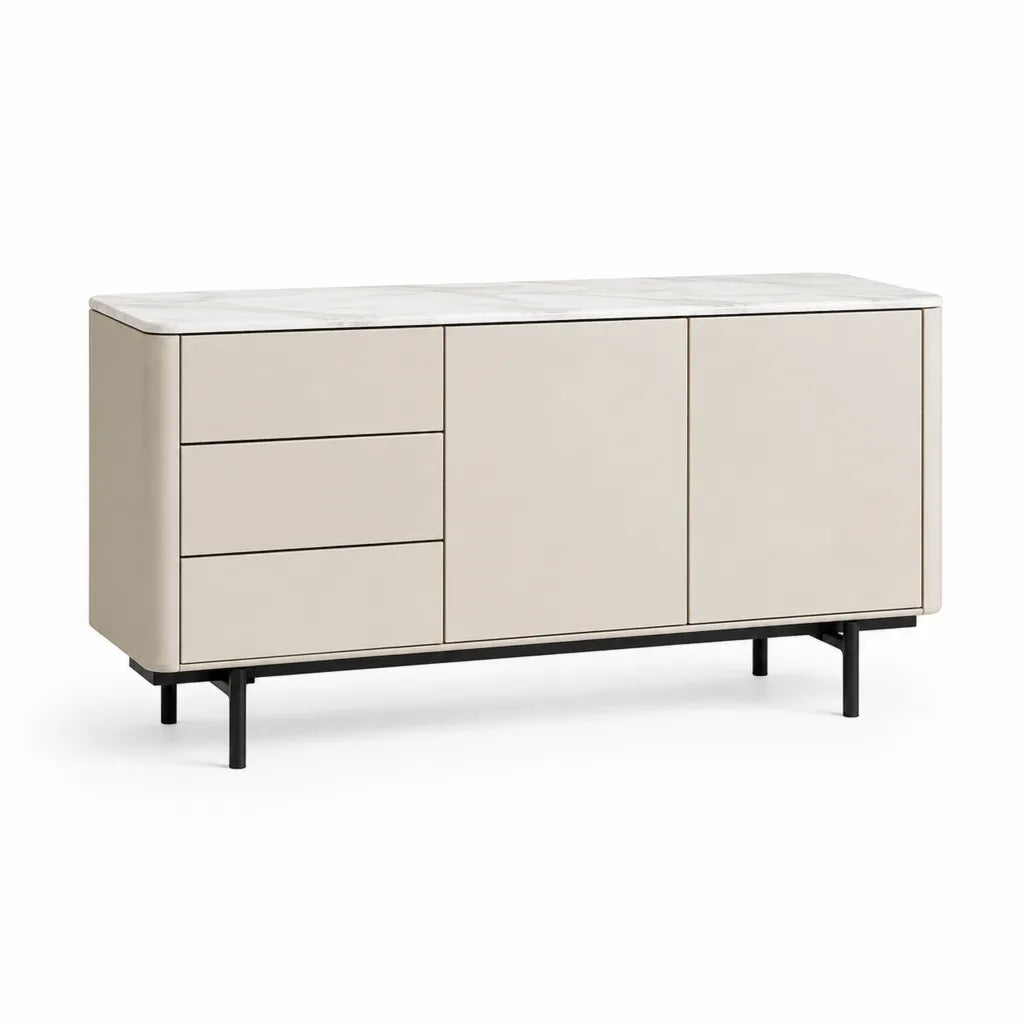 Buffet de rangement 160 x 40 x 80 cm en MDF laqué beige avec plateau effet marbre blanc et pieds en acier noir