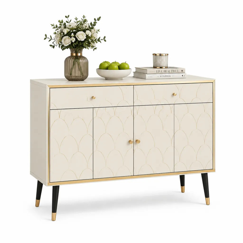 Buffet de salle à manger 120 x 40 x 80 cm en MDF blanc et acier noir avec 2 portes et 2 tiroirs