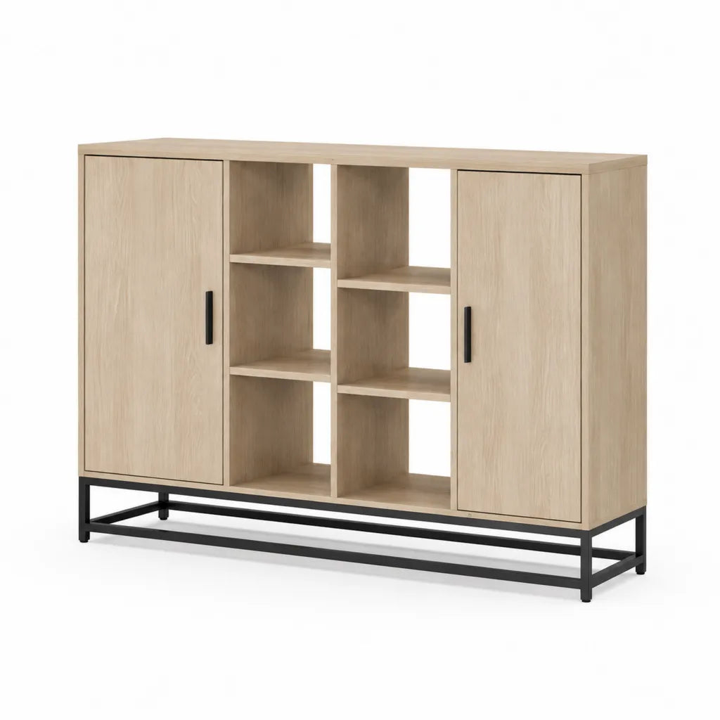 Buffet vaisselier rectangulaire 160 x 40 x 120 cm en panneaux de particules mélaminés décor chêne clair et noir avec 2 portes et 6 niches