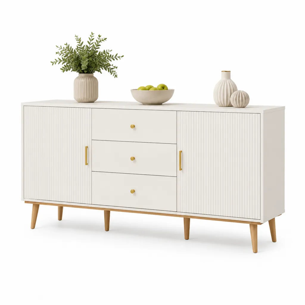 Buffet de salle à manger rectangulaire 160 x 40 x 80 cm en panneaux MDF blanc avec 2 portes 3 tiroirs et pieds en bois massif