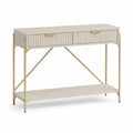Console d'entrée rectangulaire avec 2 tiroirs en panneaux MDF blanc cassé et acier doré 120 x 35 x 80 cm
