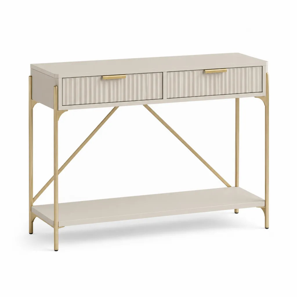 Console d'entrée rectangulaire avec 2 tiroirs en panneaux MDF blanc cassé et acier doré 120 x 35 x 80 cm