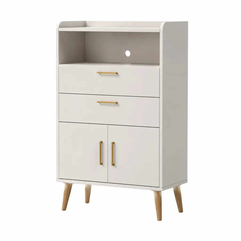 Buffet de rangement 80 x 40 x 120 cm en panneaux MDF blanc avec 2 tiroirs 2 portes et pieds en bois massif