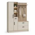 Meuble d'entrée avec penderie rangement chaussures et patères 160 x 40 x 200 cm en panneaux de particules beige et chêne clair