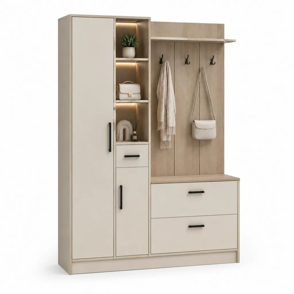 Meuble d'entrée avec penderie rangement chaussures et patères 160 x 40 x 200 cm en panneaux de particules beige et chêne clair