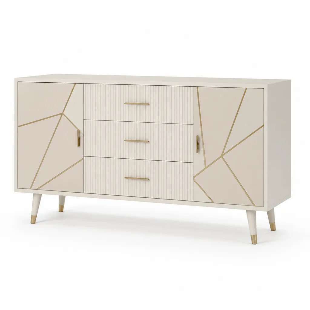 Buffet rectangulaire 2 portes 3 tiroirs en panneaux MDF blanc ivoire et doré 160 x 40 x 85 cm