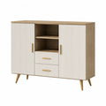 Buffet de salle à manger 3 portes 2 tiroirs avec étagères en panneaux de particules mélaminés blanc et chêne 120 x 40 x 100 cm