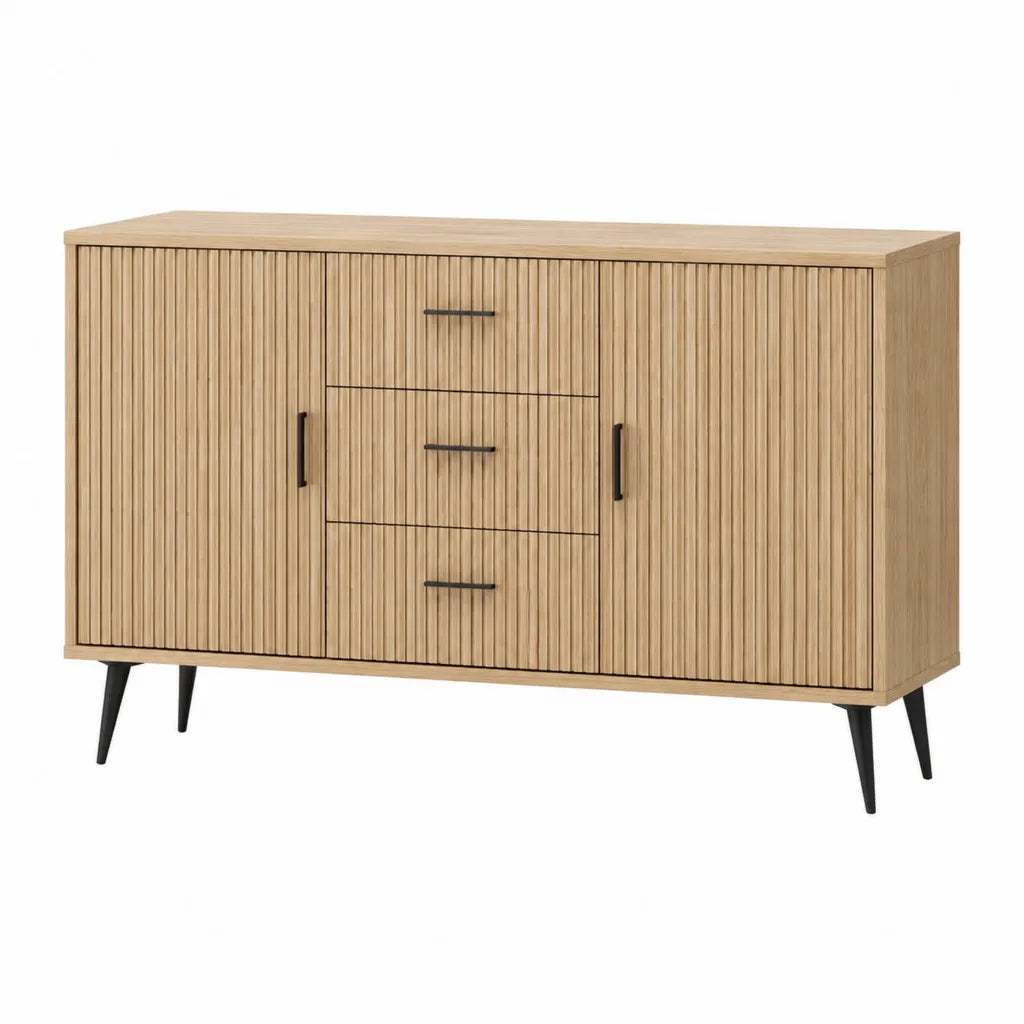 Buffet 2 portes 3 tiroirs rectangulaire en panneaux décor chêne naturel 120 x 40 x 80 cm