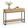 Console d'entrée rectangulaire avec 2 tiroirs et étagère en MDF plaqué chêne naturel et acier noir 120 x 35 x 80 cm