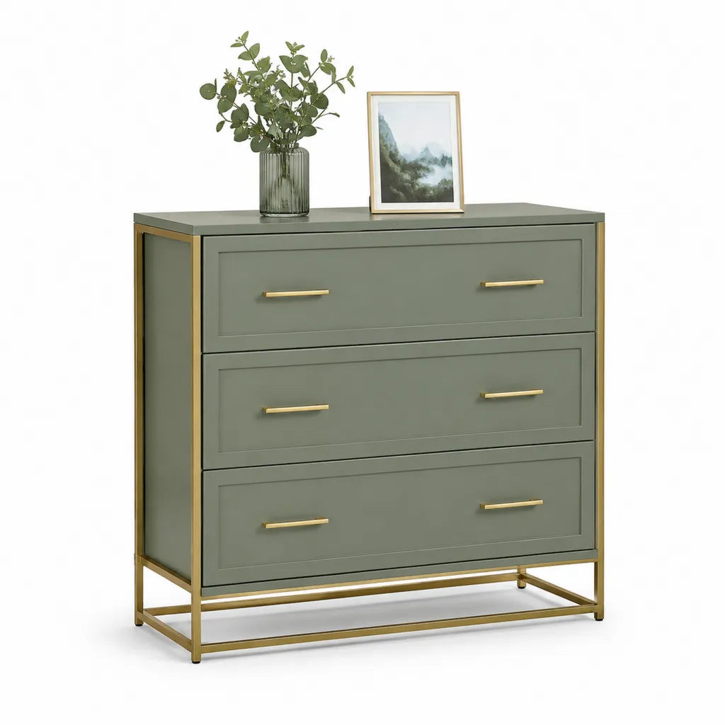 Buffet 3 tiroirs rectangulaire en MDF vert gris et acier doré 100 x 40 x 90 cm