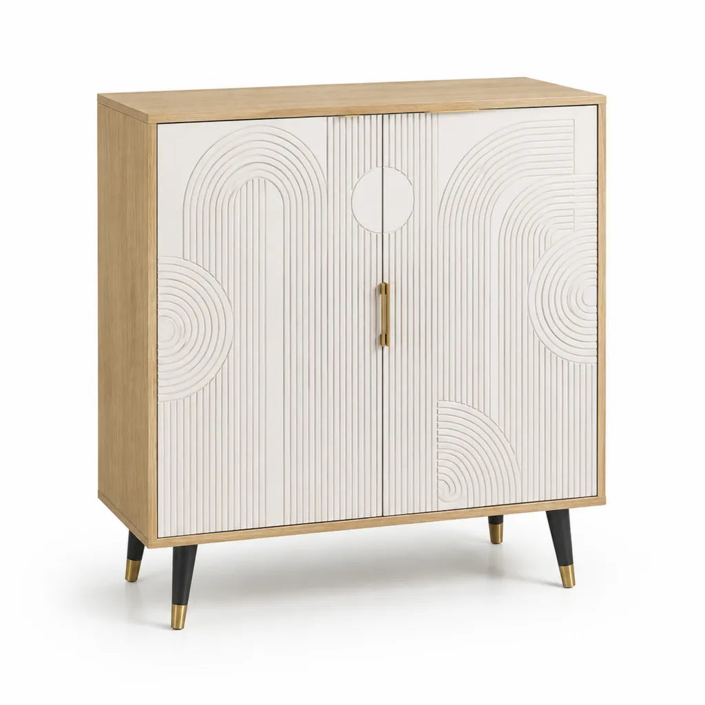 Buffet 2 portes rectangulaire 80 x 40 x 100 cm en MDF blanc et décor chêne