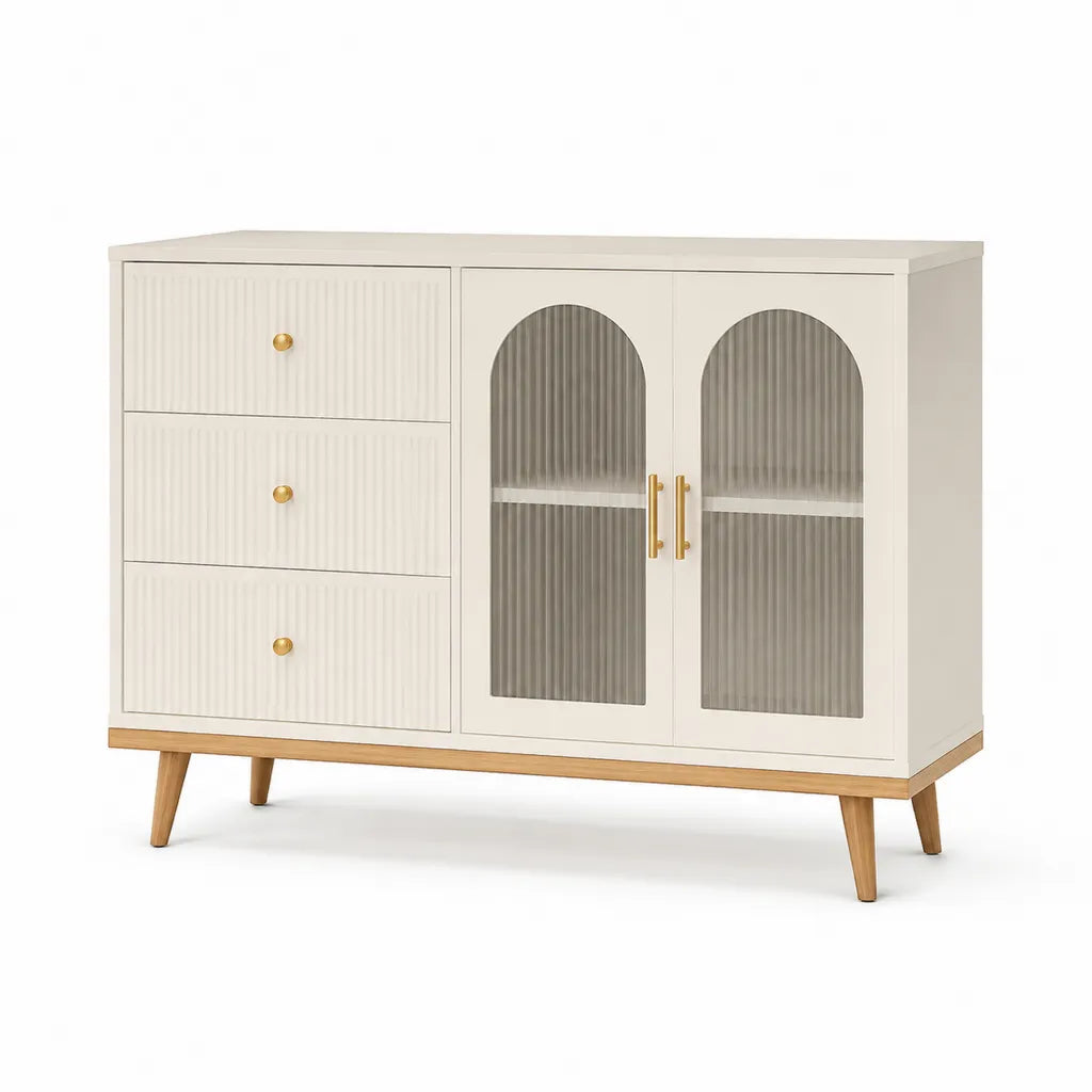 Buffet de salle à manger 120 x 40 x 90 cm en MDF blanc avec 3 tiroirs et 2 portes vitrées