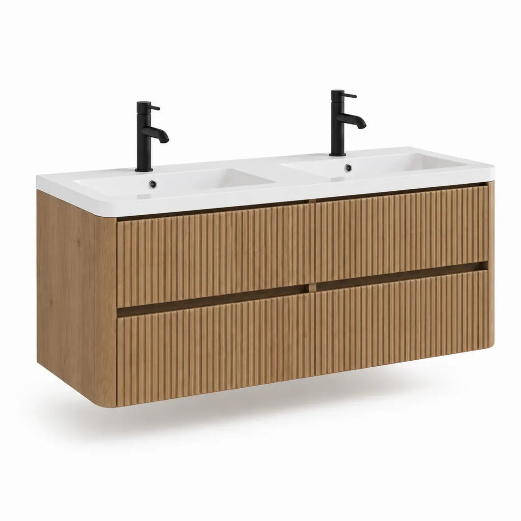 Meuble sous vasque suspendu double vasque 120 x 46 x 55 cm en MDF mélaminé chêne clair blanc rectangulaire