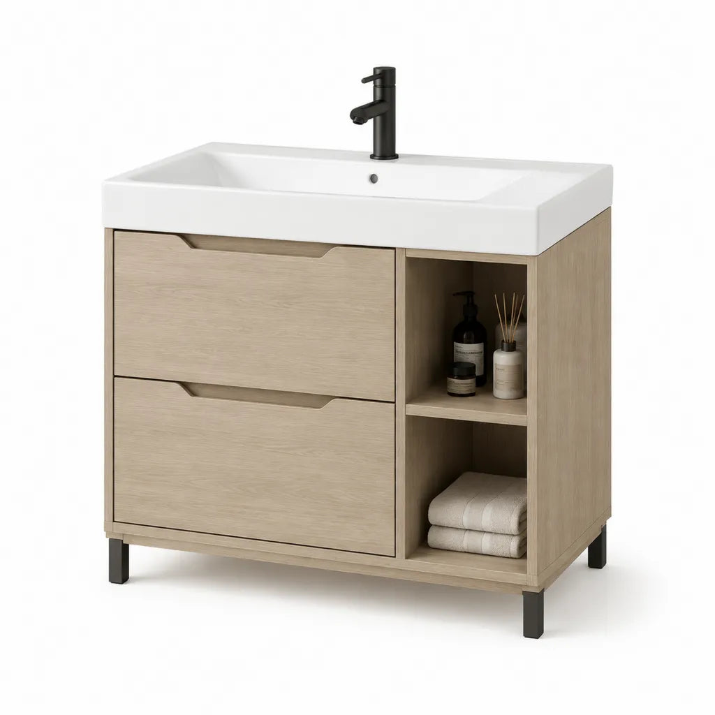 Meuble sous vasque rectangulaire 80 x 46 x 85 cm en MDF mélaminé chêne clair avec lavabo blanc