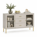 Buffet rectangulaire 150 x 40 x 80 cm en MDF mélaminé blanc avec portes en verre strié et pieds dorés