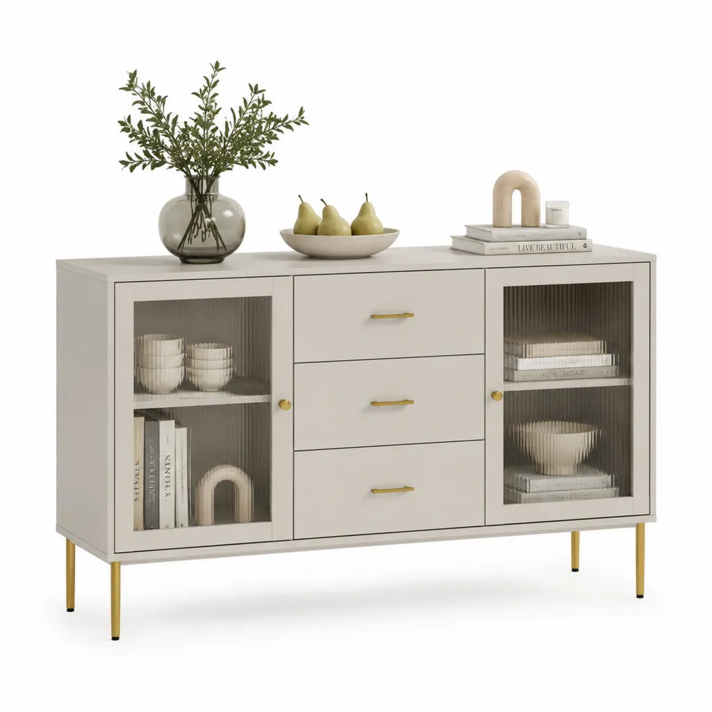 Buffet rectangulaire 150 x 40 x 80 cm en MDF mélaminé blanc avec portes en verre strié et pieds dorés