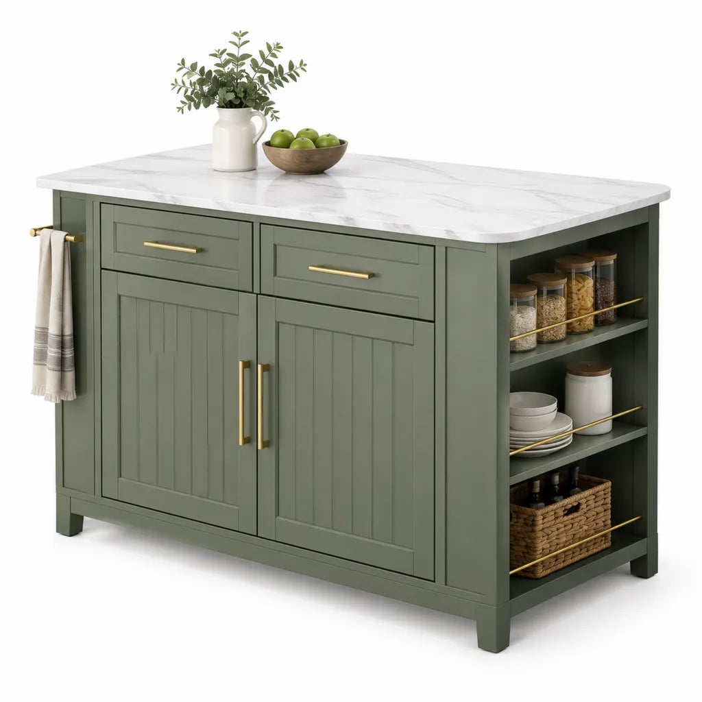 Îlot de cuisine rectangulaire 120 x 60 x 90 cm en MDF vert sauge avec plateau effet marbre et rangements
