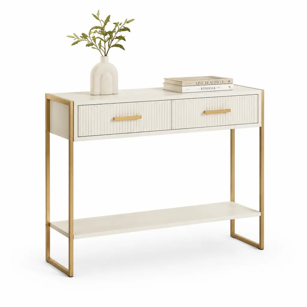 Console d'entrée avec 2 tiroirs et étagère en MDF blanc et acier doré 120 x 35 x 80 cm