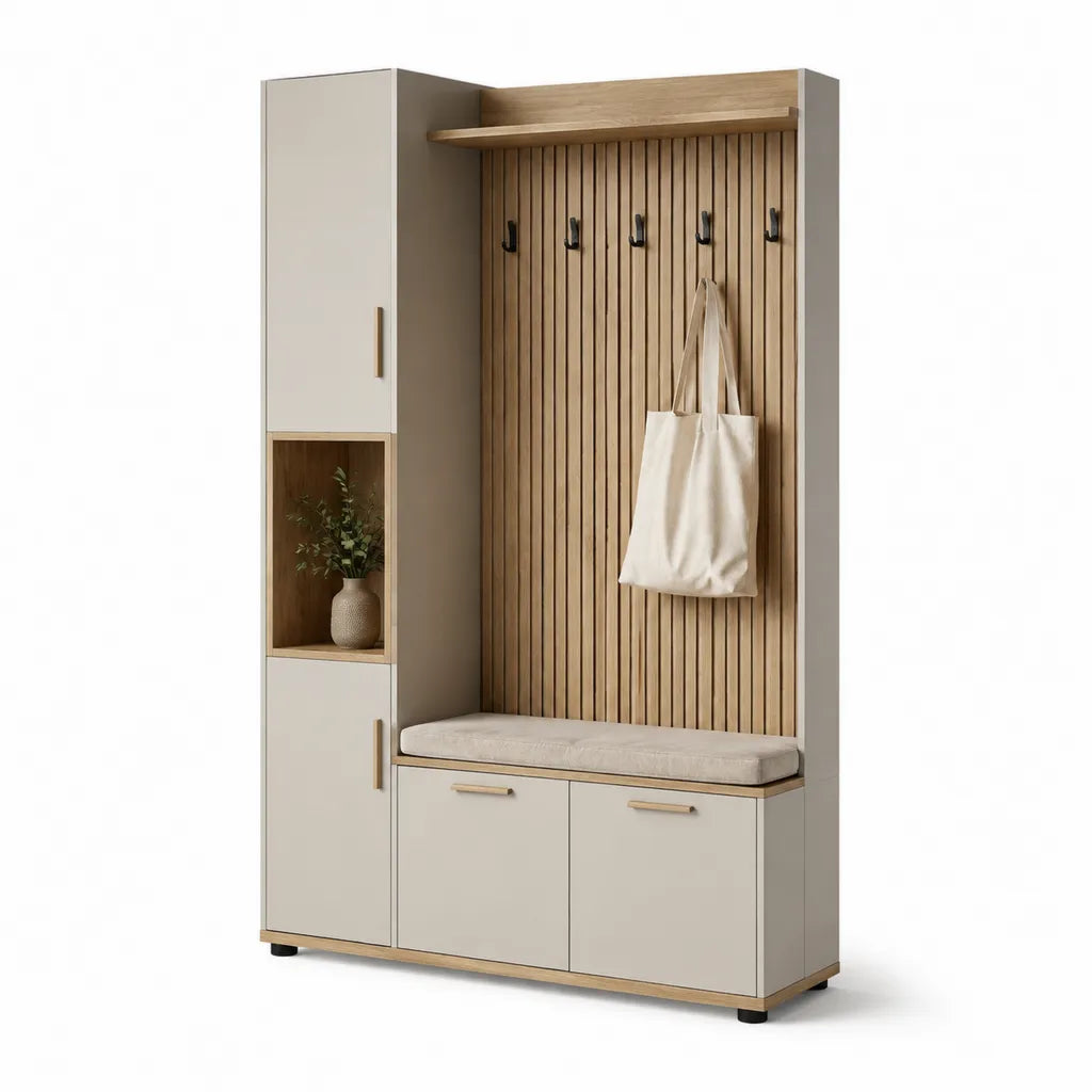 Vestiaire d'entrée avec banc de rangement et porte-manteaux 120 x 40 x 200 cm en panneaux de particules mélaminés beige et chêne naturel