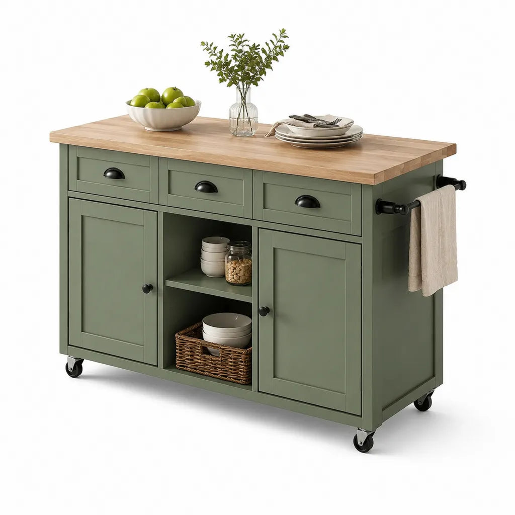 Îlot de cuisine roulant 120 x 60 x 90 cm en MDF et bois d'hévéa rectangulaire vert sauge