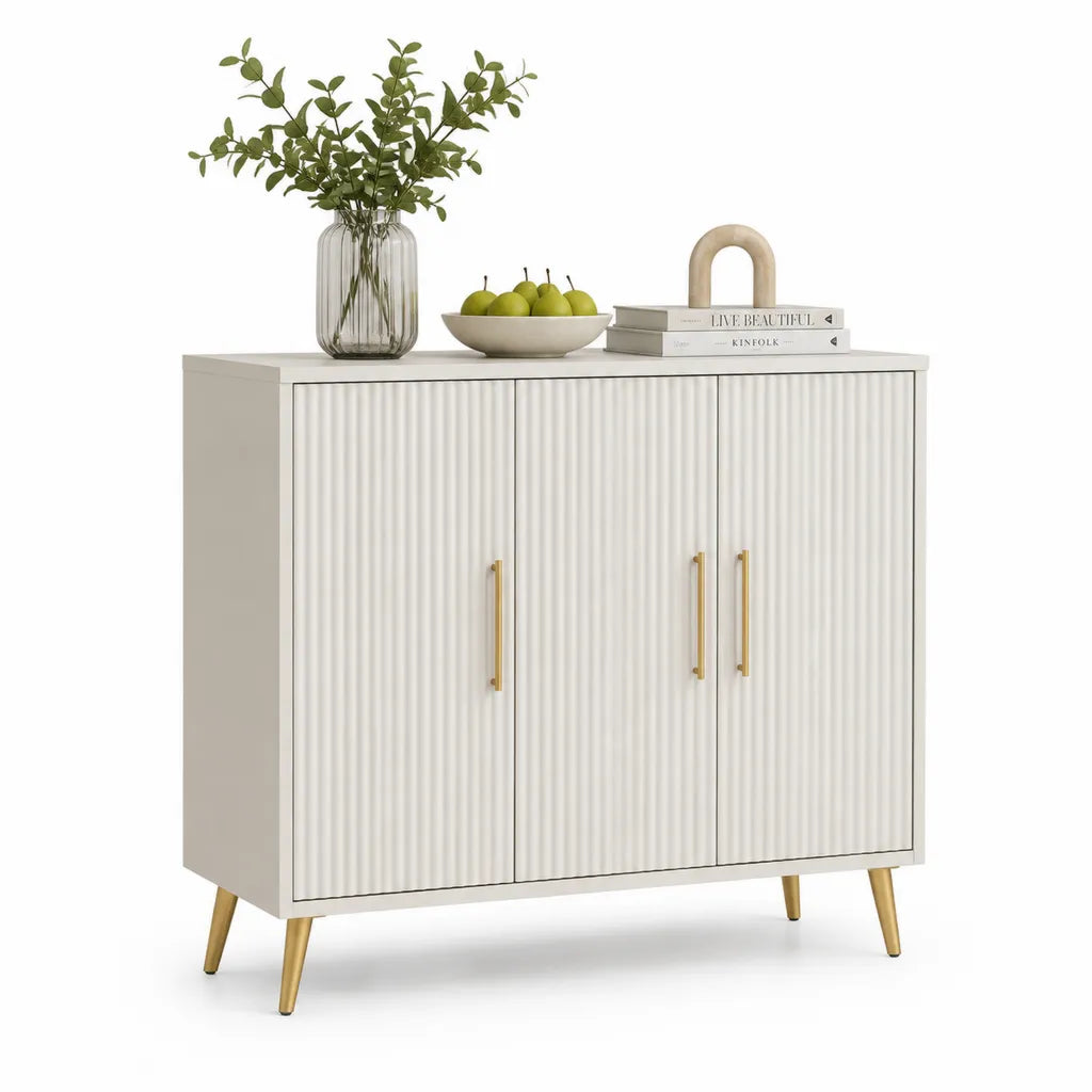 Buffet 3 portes 120 x 40 x 80 cm en MDF blanc avec façades rainurées et pieds dorés