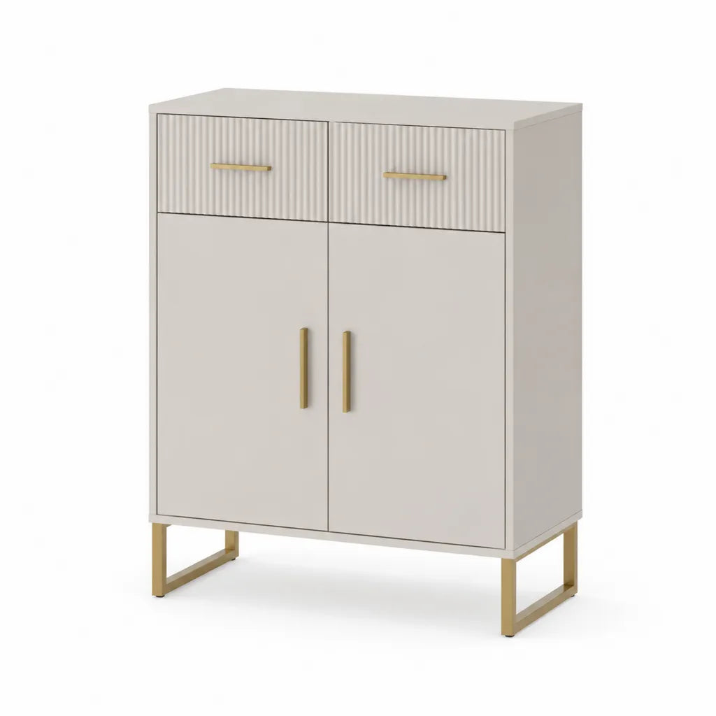 Buffet de rangement 2 portes 2 tiroirs en MDF mélaminé rectangulaire blanc et doré 80 x 40 x 110 cm