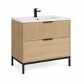 Meuble sous vasque sur pieds 80 x 46 x 85 cm avec lavabo en céramique MDF chêne clair blanc noir