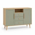 Buffet de rangement rectangulaire 120 x 40 x 90 cm en panneaux de particules et MDF vert sauge et chêne