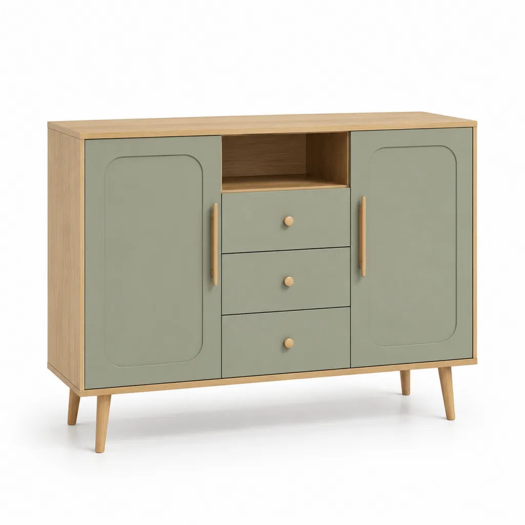 Buffet de rangement rectangulaire 120 x 40 x 90 cm en panneaux de particules et MDF vert sauge et chêne