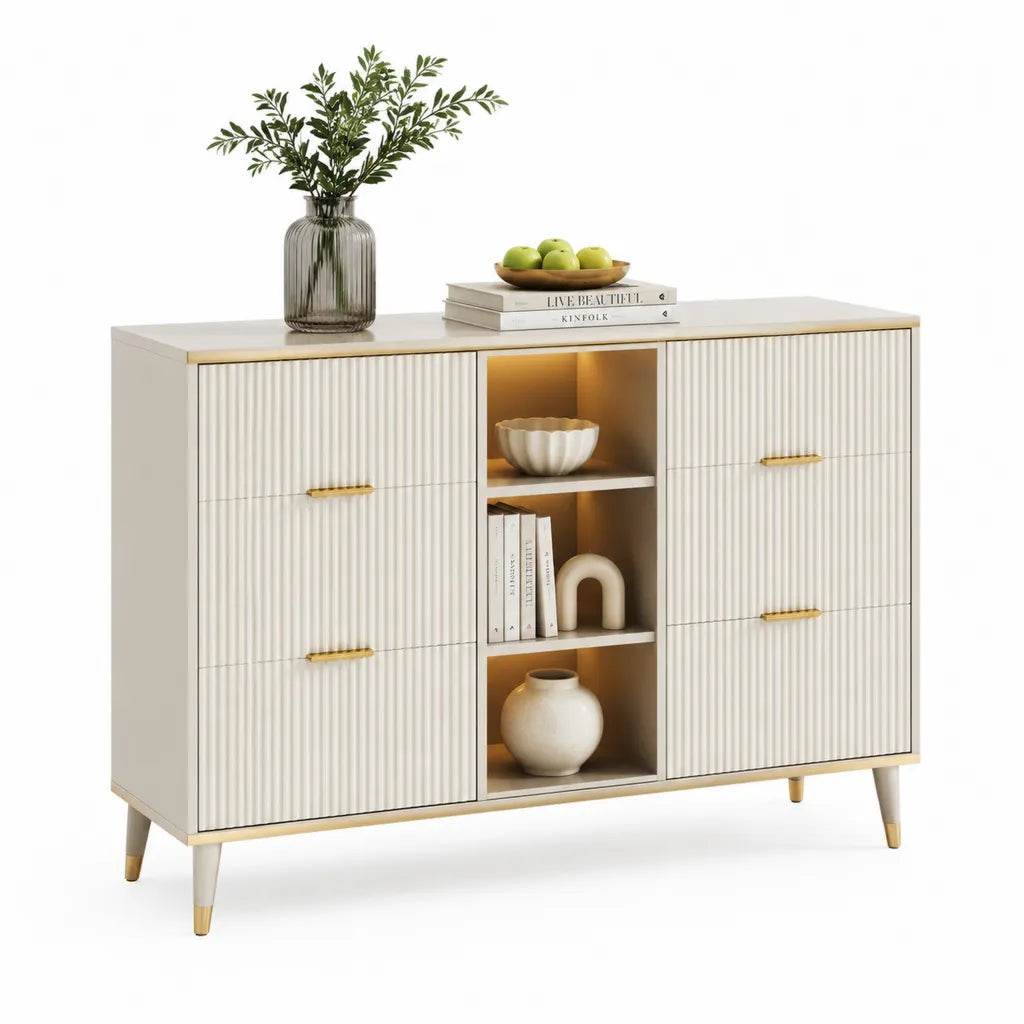 Buffet de salle à manger rectangulaire 120 x 40 x 85 cm en panneaux MDF blanc et doré avec 2 portes et 3 niches