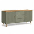 Buffet de salle à manger rectangulaire 160 x 40 x 80 cm en panneaux MDF vert sauge et bois d'hévéa avec 2 portes et 3 tiroirs