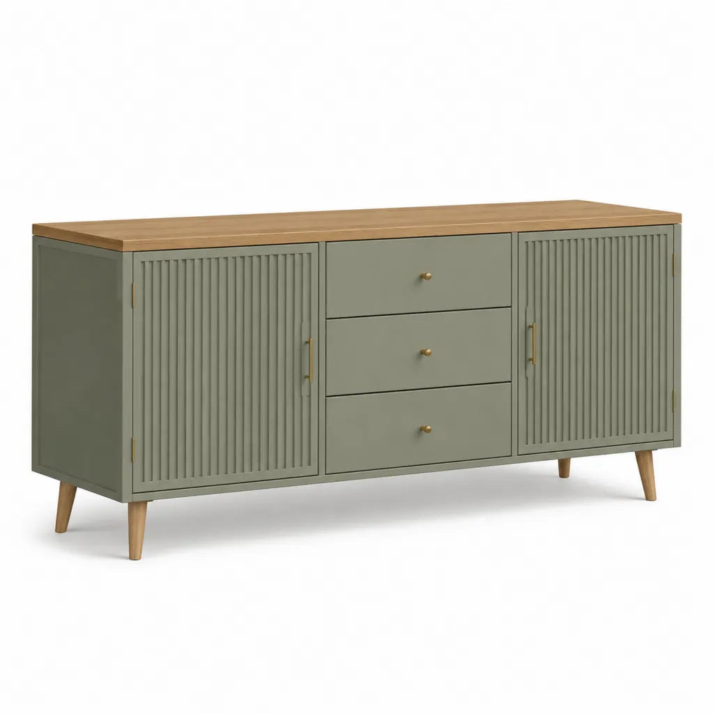 Buffet de salle à manger rectangulaire 160 x 40 x 80 cm en panneaux MDF vert sauge et bois d'hévéa avec 2 portes et 3 tiroirs
